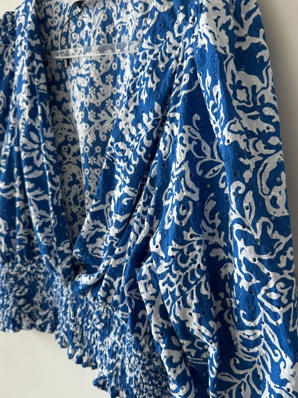 Zara Blue and White Floral Print V-Neck Smocked Waist Blouse
